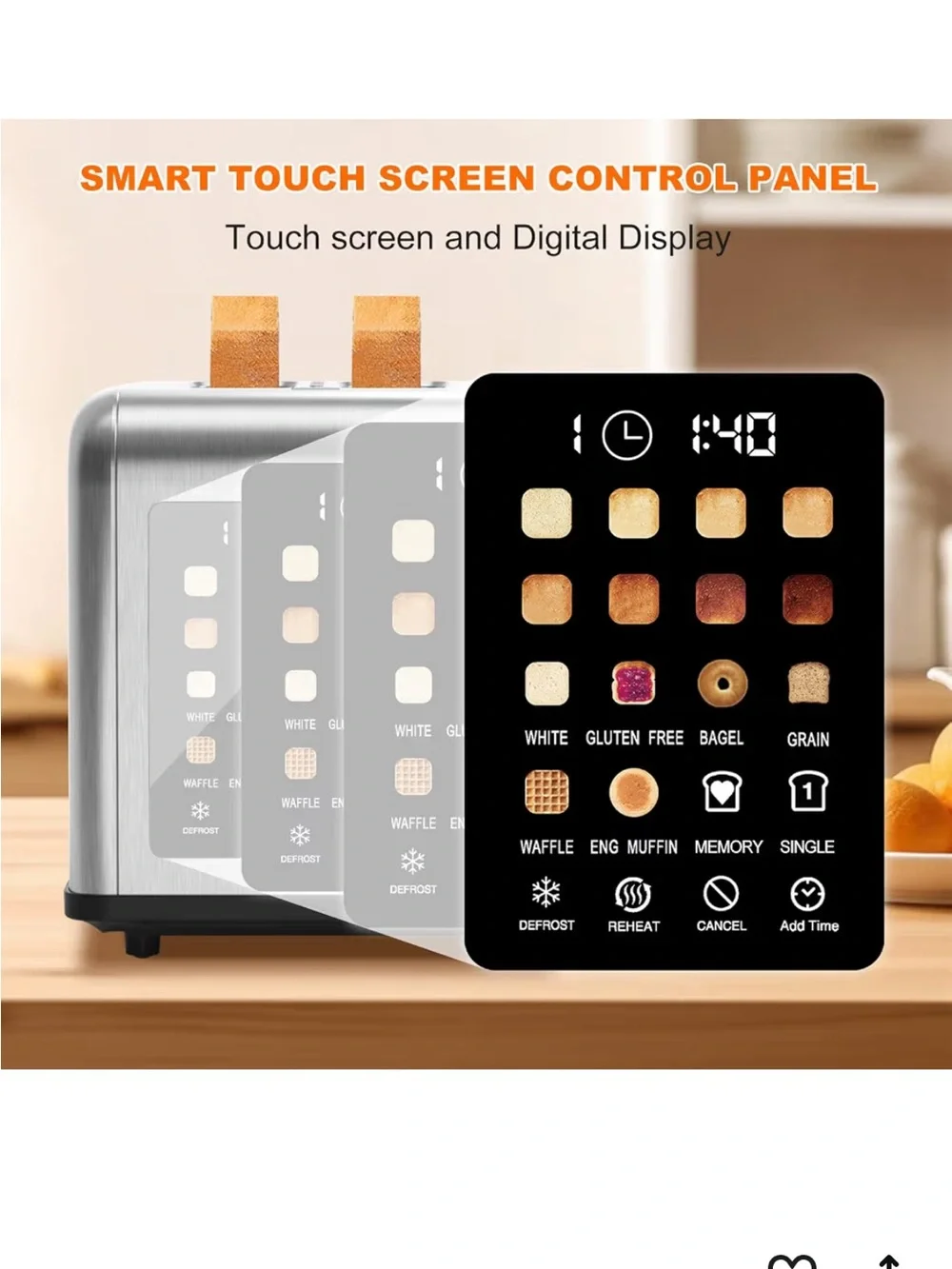 Brushed Stainless Steel 2-Slice Digital Toaster with Touch Controls